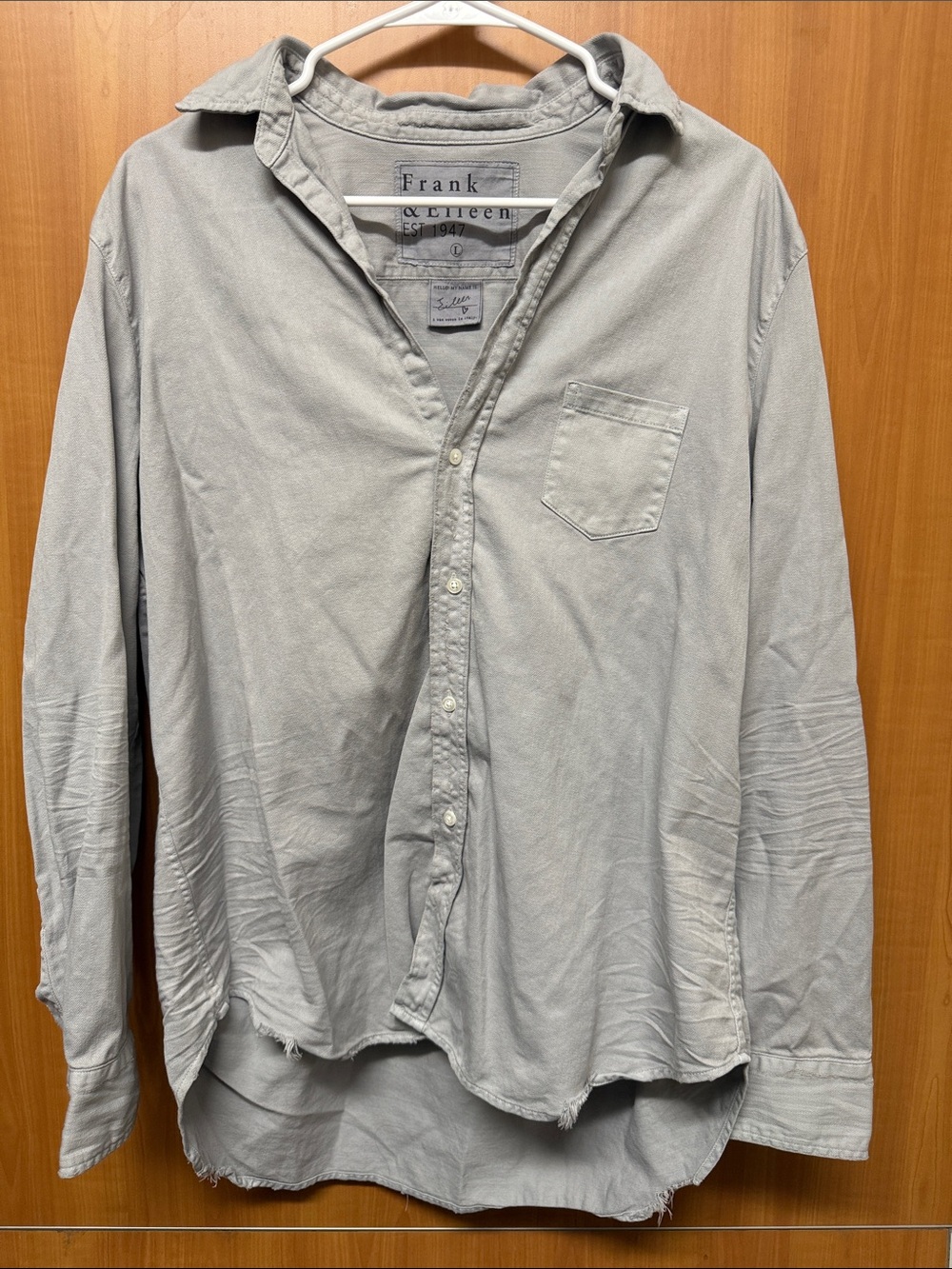 Frank & Eileen Eileen Shirt Large Gray Distressed Raw Hem Button Up